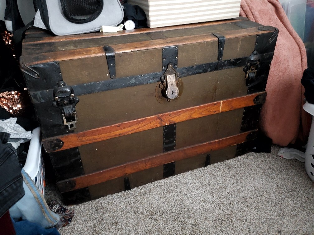 Vintage Antique Wood World War 2 Chest with Leather Handles and