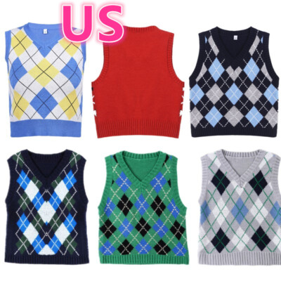 Women Vintage Knitted Sweater V Neck Argyle Style Vest Crop Tank Top  Knitwear