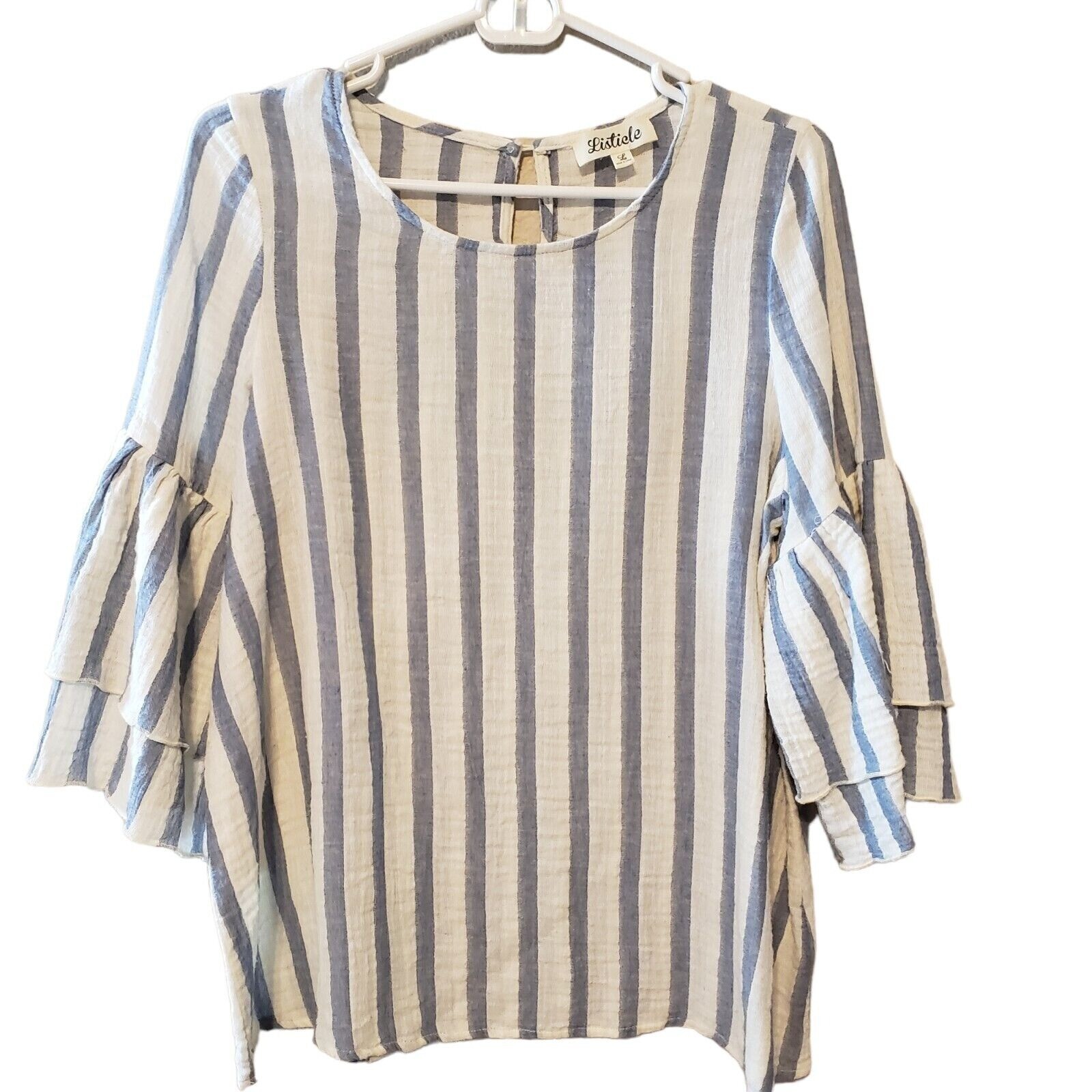 Listicle cotton tunic top ruffled bell sleeves blue white stripe size L
