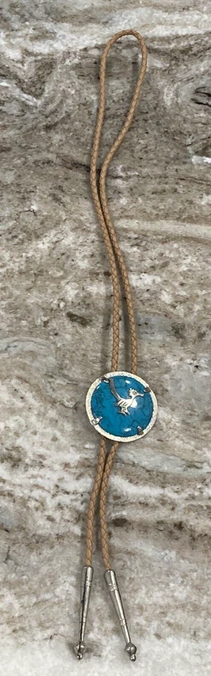 Corbata Roadrunner níquel plata y turquesa sintética Southwest Bolo firmada/estampada L1 Foto 2 de 4