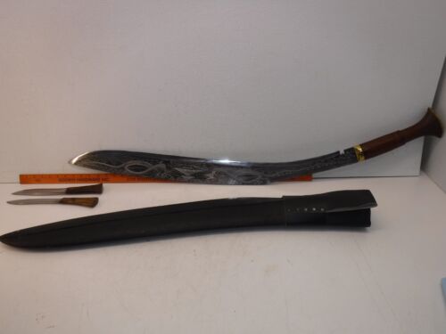 V 34 inch Blade Large Khukuri Sword With 2 -11 inch Knives Leather Sheath Nepal - Picture 2 of 24