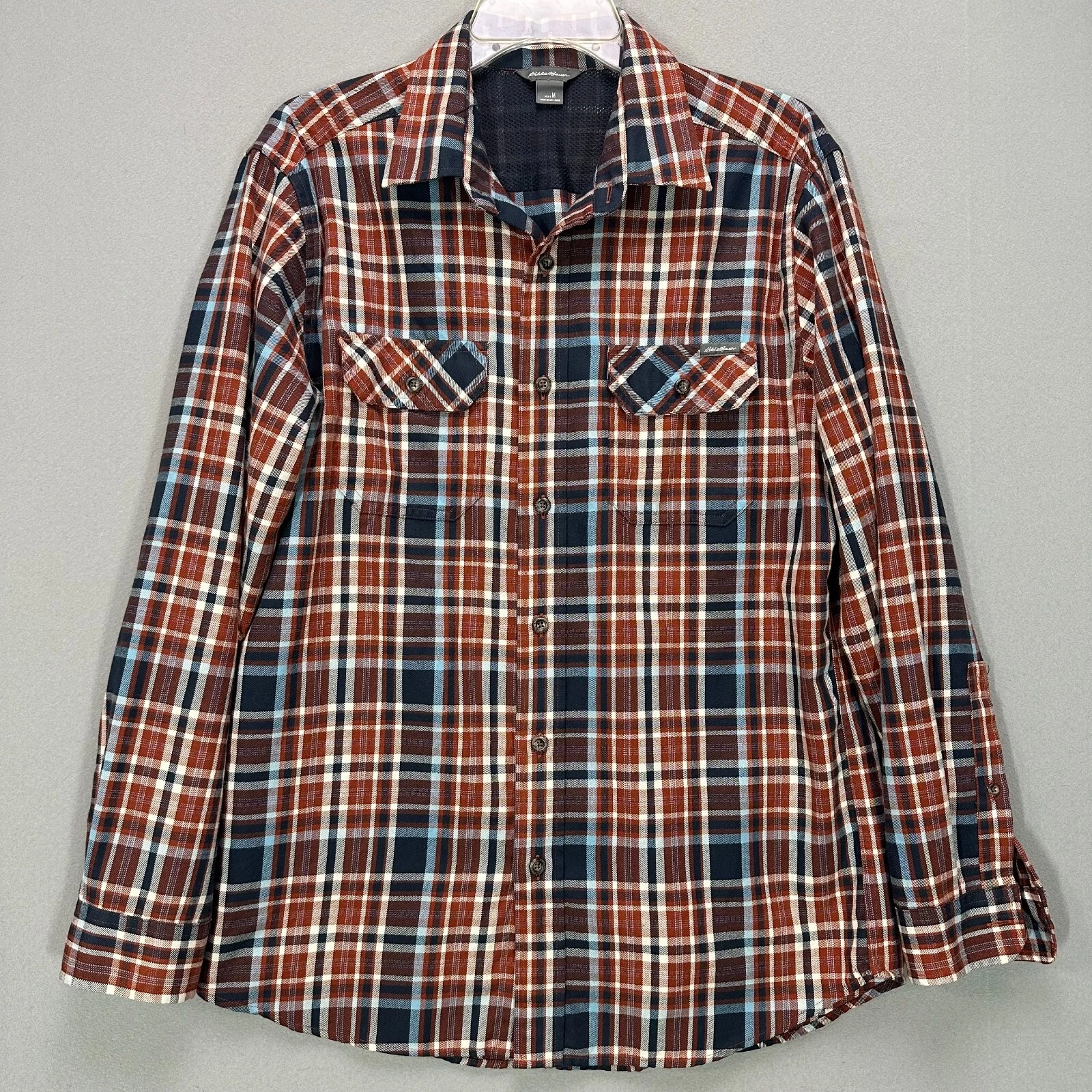 Eddie Bauer Shirt Mens Size M Button Up Rust Blue Plaid Outdoor Light Flannel