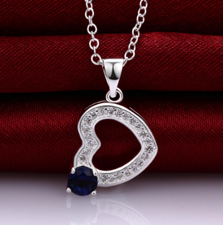 Womens 925 Sterling Silver Blue CZ Crystal Love Heart 18