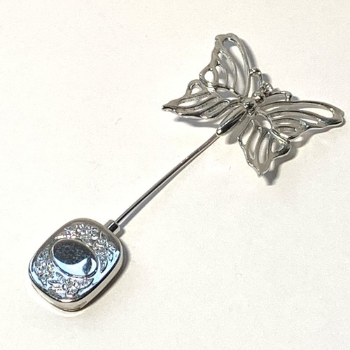 VINTAGE ANSON STERLING Silver Butterfly Stick Pin Filigree Wings Rhinestone - Picture 6 of 10