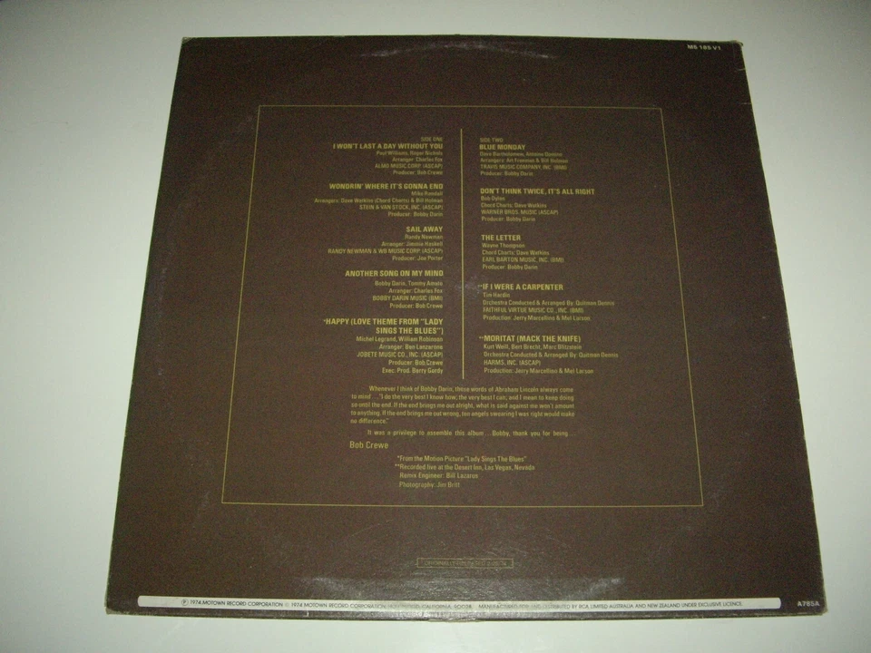 BOBBY DARIN *RARE OZ 12" LP ' DARIN 1936 -1973 ' 1985 EXC+ - Image 2 of 2