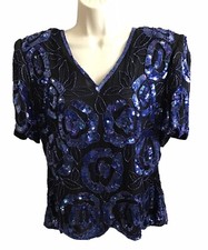 NWT 80's Stenay India Beaded Sequin Silk Top V-Neck Cruise Evening Formal L