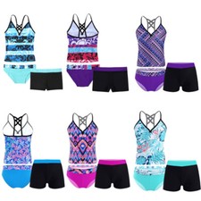 3-Teilig Kinder Mädchen Sommer Bikini Set Tankini Bademode Ärmellos Badeanzug