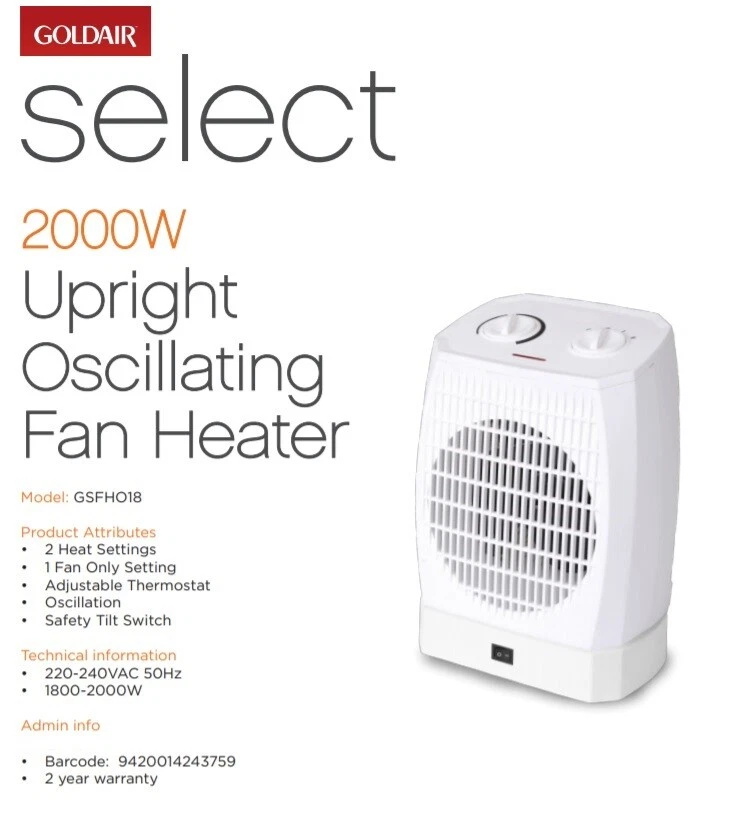 GOLDAIR Upright Fan Heater 2000W Adjustable Heat Safety Cut Out Overheat  Switch | eBay