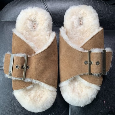 UGG OUTSLIDE BUCKLE CHESTNUT SUEDE SHEARLING SLIPPERS US 9 / EU 40 NWOB NWOT