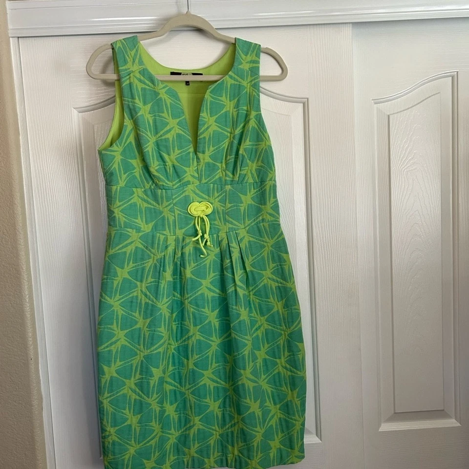 Eva Franco Anthropologie Lime Green/Aqua Textured 60’s Vibe Flattering Waist 10 - Image 3 of 4