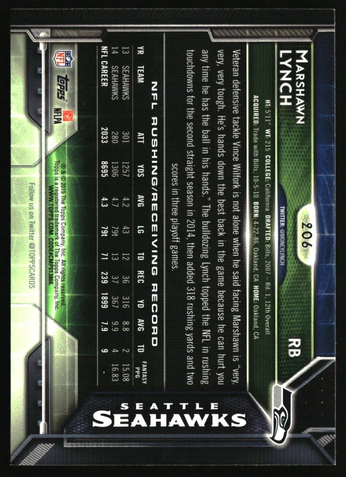 2015 Topps #206 Marshawn Lynch Seattle Seahawks - Image 2 of 2