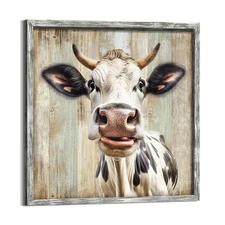 Farm Animal Wood Wall Art: Farmhouse Cow Framed Print Decor Rustic Picture Fu...