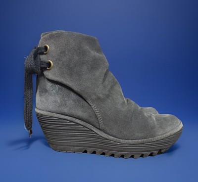 Fly London Yama Wedge Boots Women's SZ 38 Gray Suede Slouchy Lagenlook Comfort