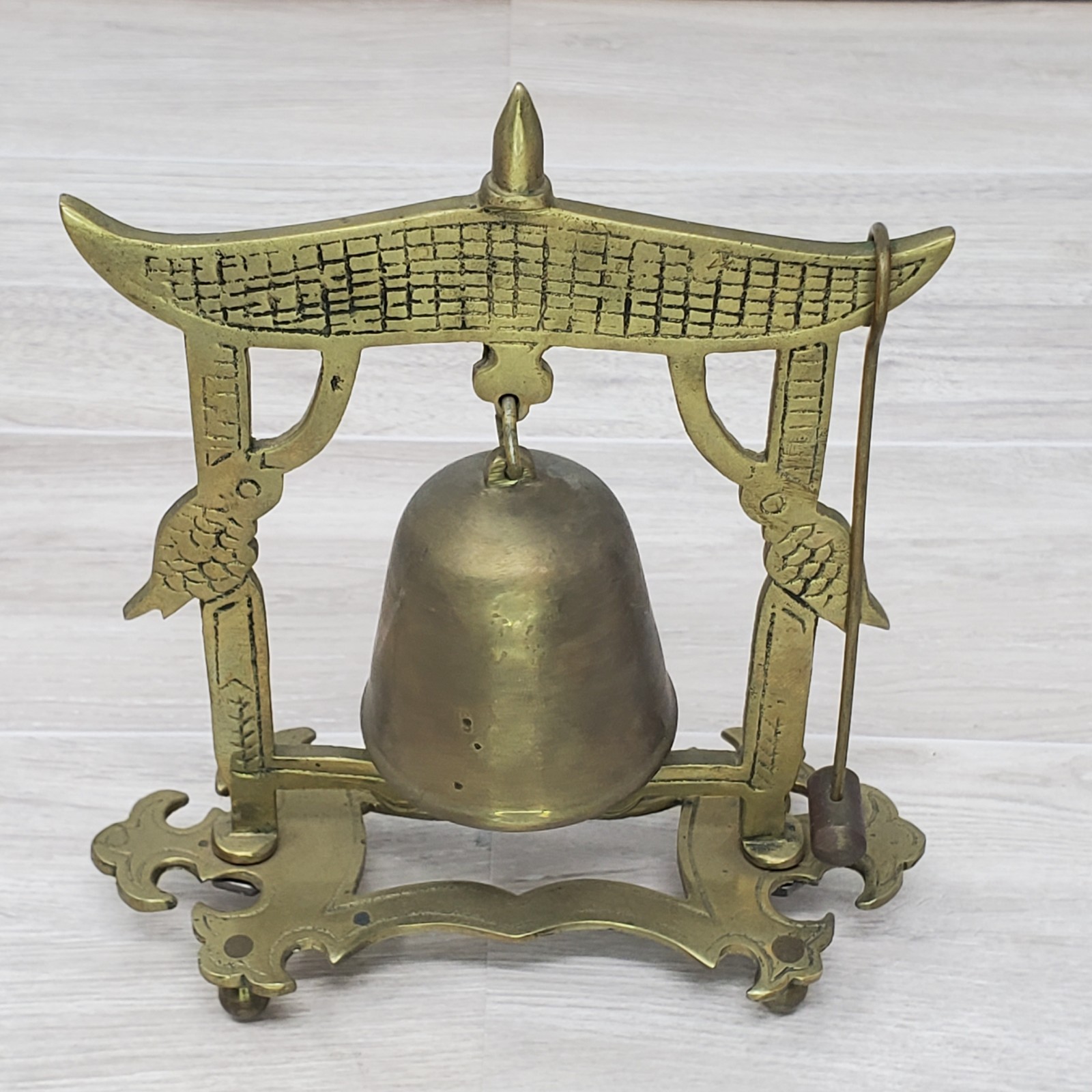 Vintage Asian Solid Brass Gong Bell with Hammer Stand 5.5” Tall Hong Kong Fish