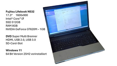 17'' Fujitsu Lifebook i7 8GB 512GB SSD NVIDIA GeForce GT 620M, Windows 11 Pro