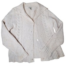 LL Bean Vintage Wool Blend Cable Knit Button Cardigan Cream Fisherman Cottage