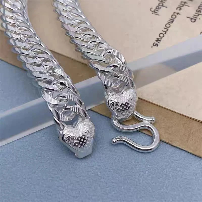 Pure S999 Fine Silver Chain Carved 10mm Fu Pattern Curb Link