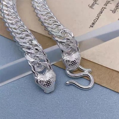 Pure S999 Fine Silver Chain Carved 10mm Fu Pattern Curb Link