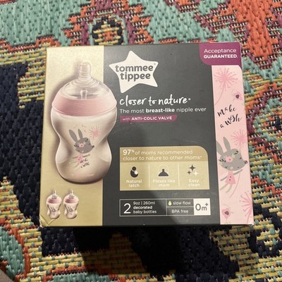 Tommee Tippee Closer to Nature Anti Colic 0m+ Baby 9 oz BPA Free 2 Bottles NEW