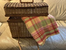 Vintage Wicker Picnic Basket w/ Handle, Lid. Big, 13 X 14 X 11. & Picnic Blanket