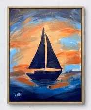 Laeknapes Original Abstract Painting 14X11 Canvas Art Expressionist Sunset Sail