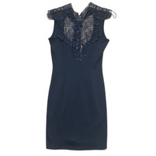 Lulu's Womens Sz S Bodycon Lace Top Open Back Navy Blue Elegant Dress Coquette