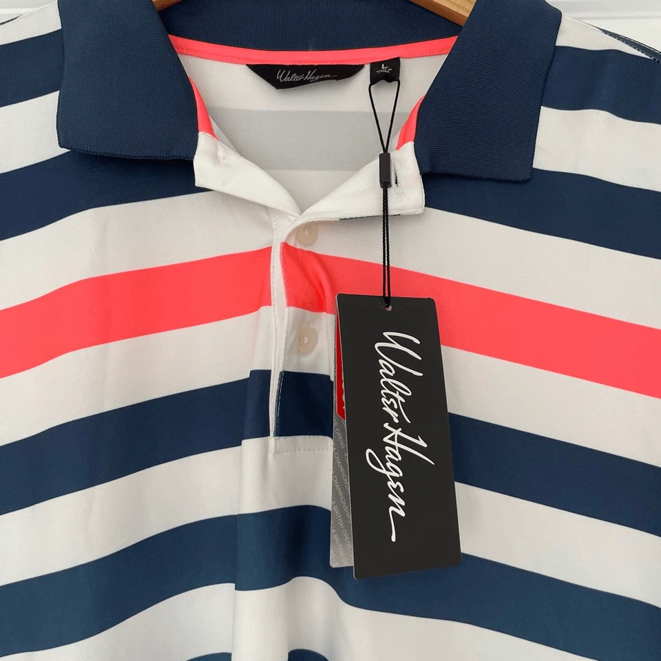 Walter Hagen Polo 衫男式大号蓝色橙色白色条纹高尔夫全新带标签 — 第 3/4 张图片