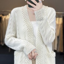 Women V-neck 100 Wool Sweater Cashmere Knit Long-sleeved Cardigan Jacket Coats