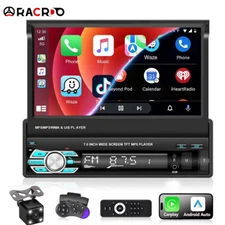 Single 1DIN 7" Flip Car Stereo Radio CarPlay Android Auto Touch Screen BT Camera