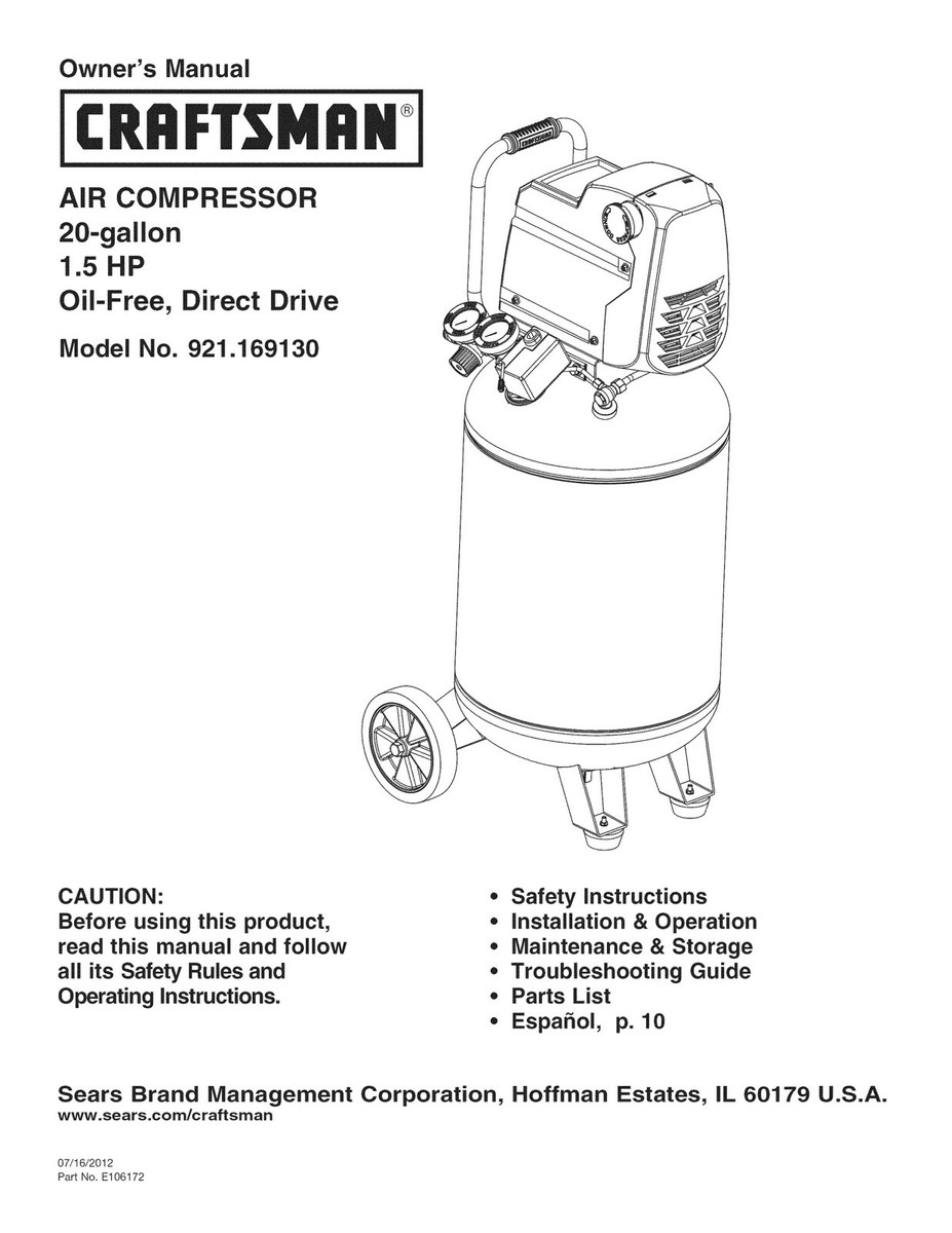 Owner's Manual & Parts List Craftsman Portable Air Compressor