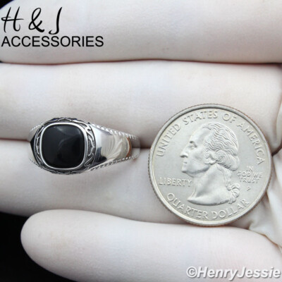 Vintage 925 Sterling Silver Ring With Black Onyx - Engraved Mongolian Square Design Unisex Jewelry