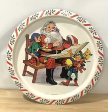 Vtg Christmas J.S.N.Y. Metal Round Tray Santa & Elves Hong Kong "AS IS" READ
