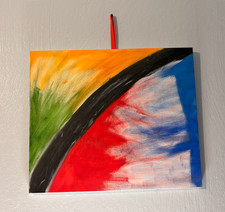 Abstract red, yellow, green and blue colorful painting with black line