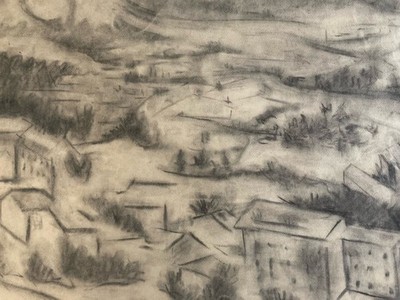 Beau Dessin Fusain Village Provence Cubiste Cubisme Papier a identifier Art 1960