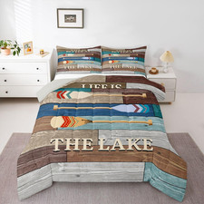 Rustic Lake Cabin King Bedding Set, Vintage Comforter for Camp  RV Decor