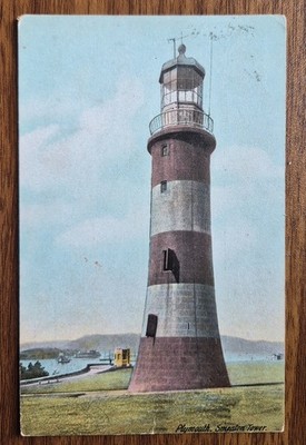 1905 Plymouth Smeaton Tower Leuchtturm Postkarte quadratischer Kreis Stempel