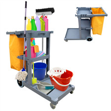 Commercial Cleaning Trolley Janitorial Cart 3 Tier Shelves Waste Bag