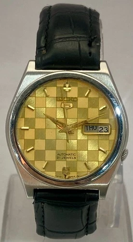 Vintage Classic Seiko5 Golden Dial "Day/Date" 7019 Automatic Watch Leather Strap