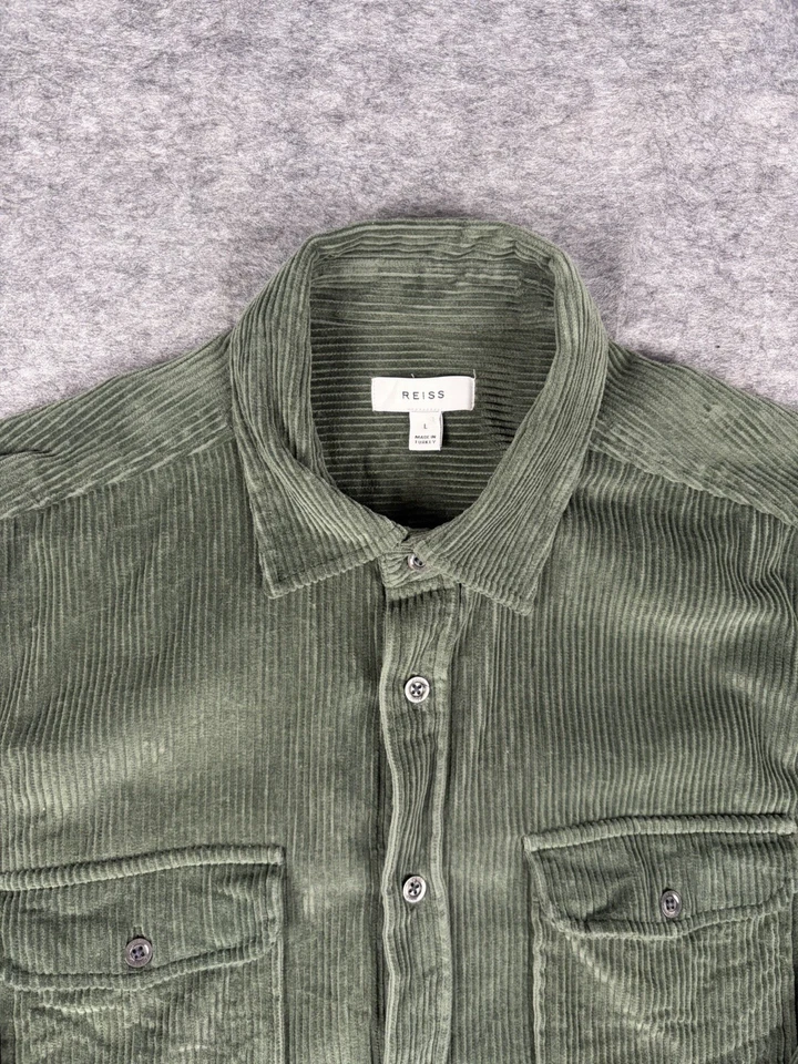 Reiss Shirt Mens L Corduroy Twin Pocket Overshirt Green Button Long Sleeve - Image 2 of 4