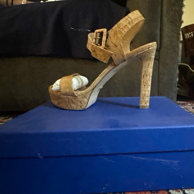 Stuart Weitzman Women’s Beige Cork Platform Ankle Strap Open Toe Stiletto 10.5