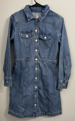 Levis Shirt Dress Women Blue Denim Pockets Button Cotton Long Sleeve Size XS