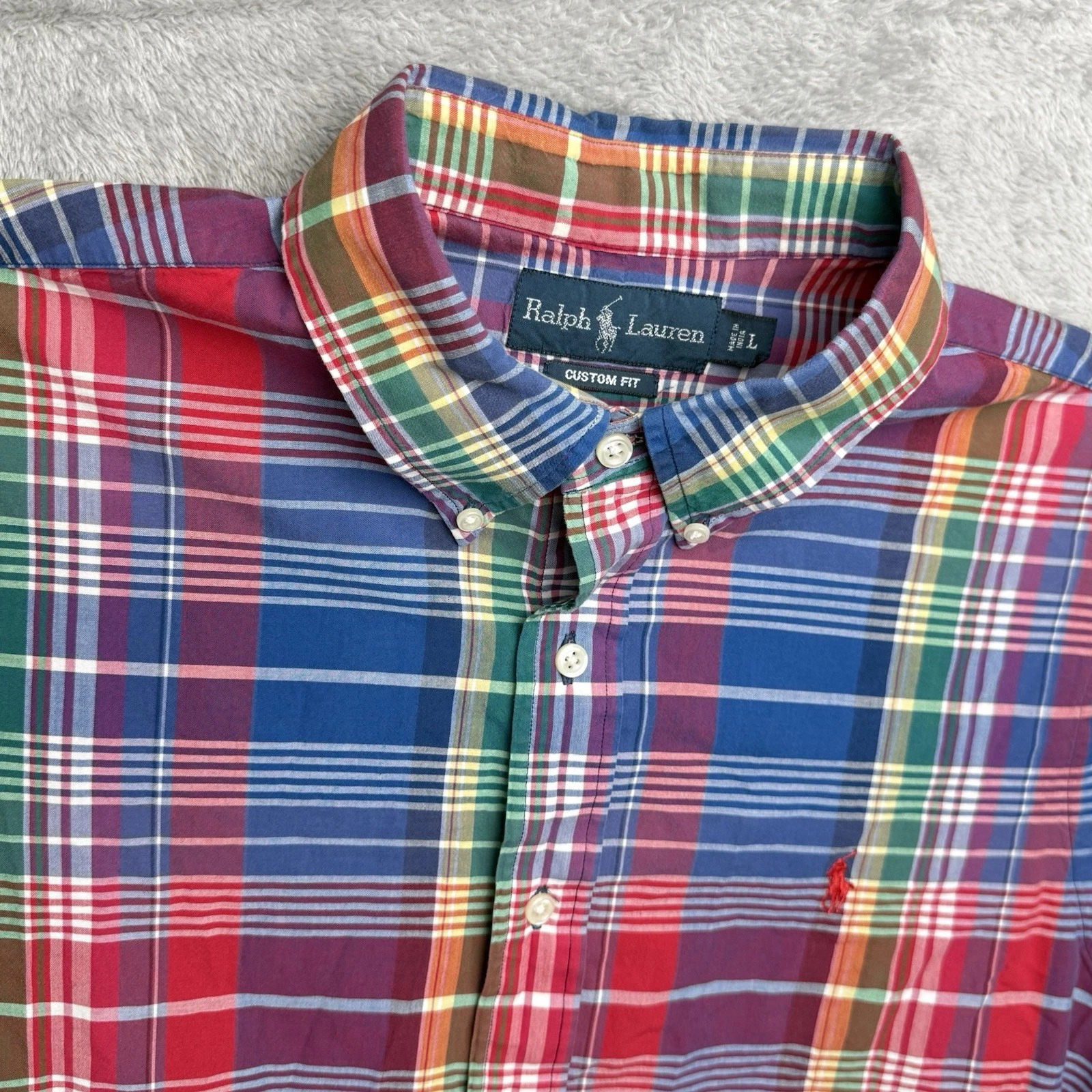 Ralph Lauren Shirt Mens L Custom Fit Madras Plaid Cotton Embroidered Pony Preppy