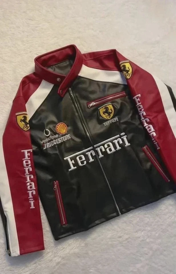 Chaqueta de motociclismo de cuero de carreras de F1 vintage bordada Ferrari años 90 roja Foto 4 de 4