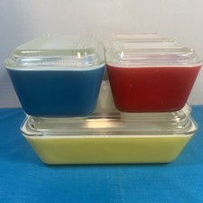 Vintage PYREX PRIMARY 8 PC COMPLETE SET REFRIGERATOR BOX WITH GLASS LIDS