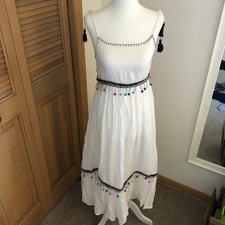 Raga Coconut Cove Pompom Trim Midi White Dress XS Retail Value Tassels $120