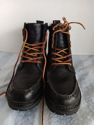 Ralph Lauren Leather Boots Men 7 D Black Flannel Lined Willingcott Pebbled Polo