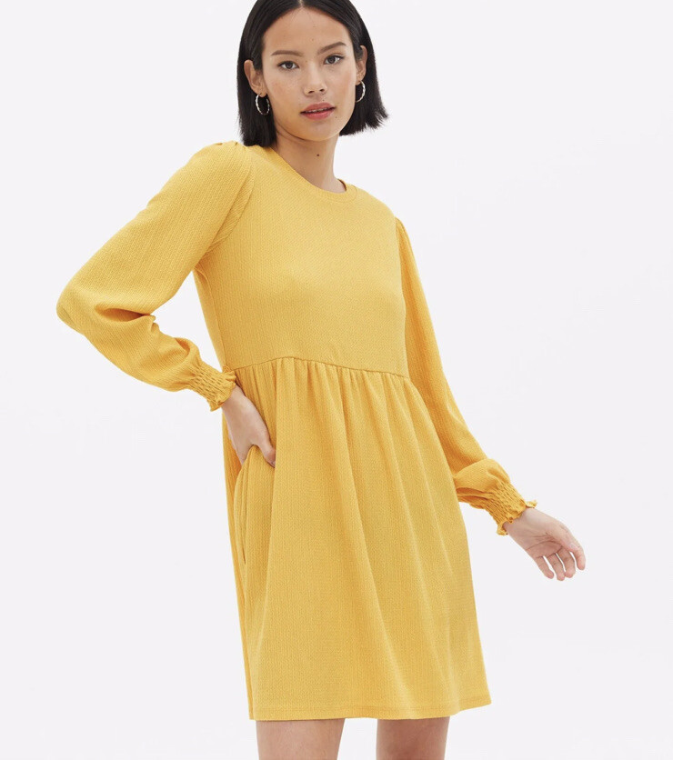 New Look Mustard Crinkle Jersey Long Sleeve Mini Oversized Smock