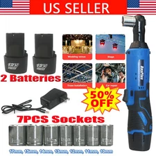 3/8'' Cordless Ratchet Right Angle Wrench Impact 150Nm Tool 2 Battery & 7 Socket