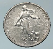 1918 FRANCE La Semeuse Sower Woman ANTIQUE OLD Silver 1 Franc French Coin i85899