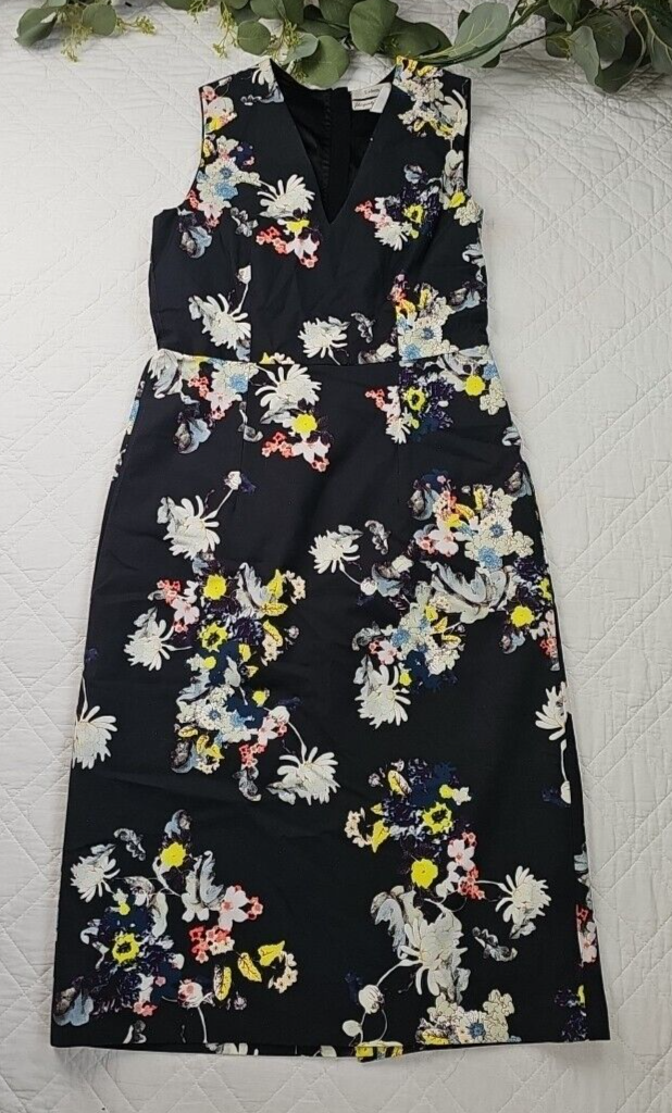Erdem Floral V-Neck Pencil Sheath Dress US 6 Midi Darice Midnight